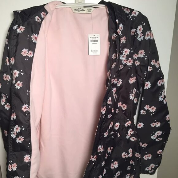 Abercrombie Youth Girl's Hooded Windbreaker Jacket Pink Fleece Lined Floral - Picture 2 of 5